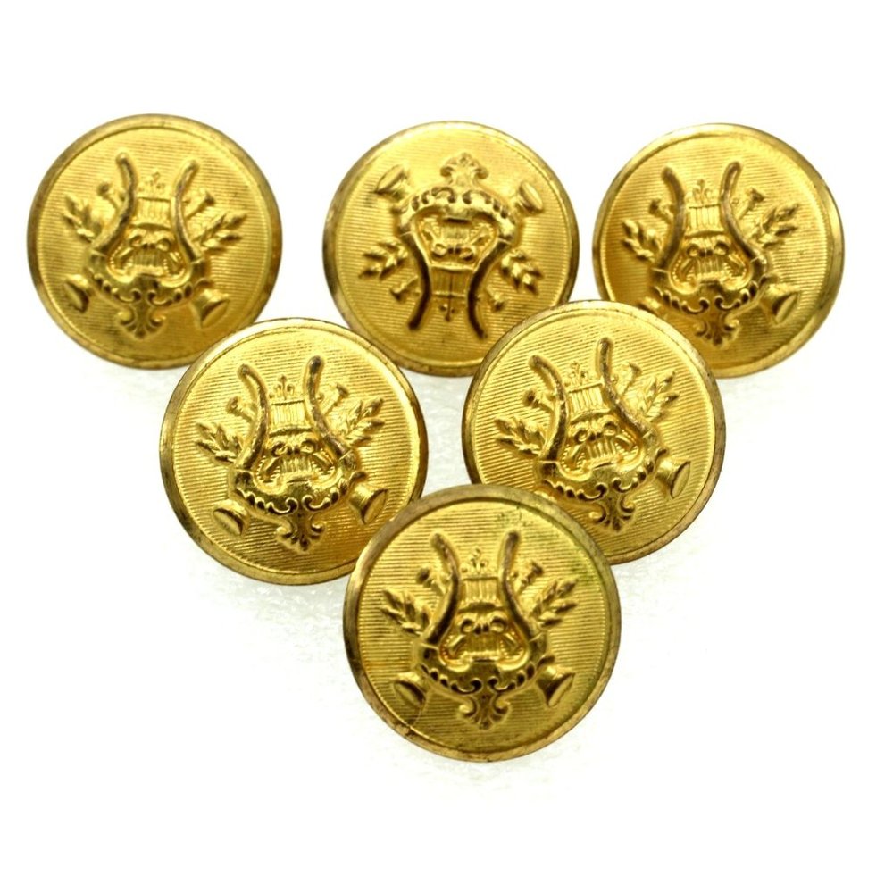 Set of 6 WATERBURY vintage Military Marching band, harp, lyre buttons brass NOS